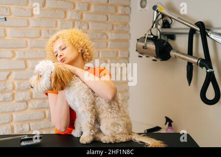 Vorderansicht der professionellen weiblichen Groomerin, die vor dem Bürsten und Scheren einen entzückenden lockigen Labradoodle-Hund hält, Vorbereitung auf das Baden bei der Pflege Stockfoto