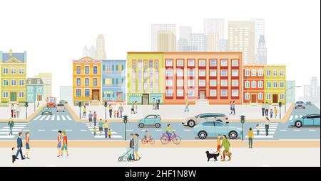 Stadt mit Straßenverkehr und Fußgängern auf dem Bürgersteig Stock Vektor