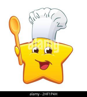Nette glücklich lächelnd Spaß gelben Cartoon-Star-Figur mit Chef Bäcker Hut und Holzlöffel Vektor isoliert auf weißem Hintergrund Stock Vektor