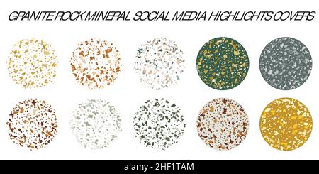 Granitfeinkörnige Vektor-Social-Media-Story-Highlights-Cover. Mehrfarbige, abwechslungsreiche Kreissymbole mit Quarz-, Feldspat- und Plagioklaseelementen Stock Vektor