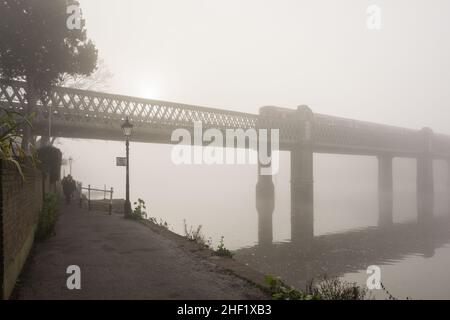 Ein U-Bahn-Zug, der im dichten Nebel über die Kew Railway Bridge in Strand-on-the-Green, Chiswick, London, England, Großbritannien, fährt Stockfoto