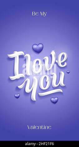 Valentinstag Schriftzug Vektor Grußkarte oder Poster Vorlage. Romantische Urlaub Promo Hintergrund mit 3D Herzen trendy sehr Peri Farbe Geschichte Stock Vektor