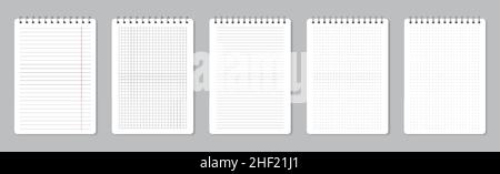 Notizbuchseiten mit Drahtbindung, realistisch linierte Papierbögen. Leere Schulnotizheftseite, Notizblätter mit Spiralbindern-Vektor-Set. Linierte und quadratische Seiten für Planer oder Veranstalter Stock Vektor