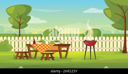 Familiengrill im Hinterhof mit Grill und Picknicktisch. Outdoor bbq Sommer Party im Garten Terrasse Cartoon Vektor Illustration. Rasen mit Möbeln und Geräten für die Fleischröstung Stock Vektor