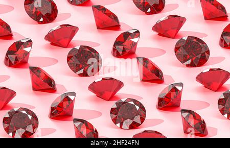 Rote Diamanten auf einem rosa Hintergrund. 3D Rendern Stockfoto