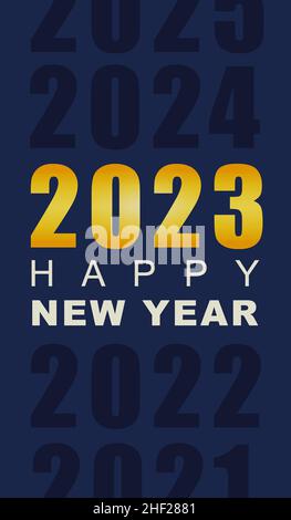 Vertikale Neujahrskarte mit 2023-Jahres-Nummer auf dunkelblauem Hintergrund. Stockfoto