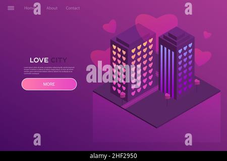 Stadt der Liebe - neon isometrische Illustration. Design für Website, Anwendung. Moderner isometrischer Stil. Liebeskonzept, valentinstag Stock Vektor