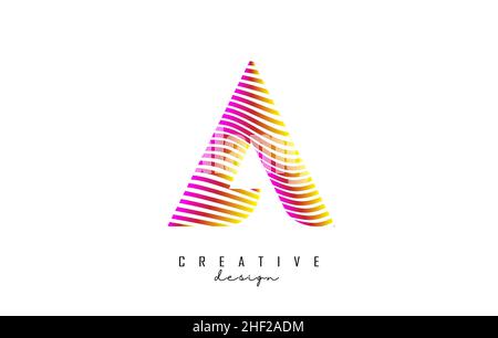 Schreiben Sie Ein Logo mit lebendigen bunten verdrehten Linien. Kreative Vektor-Illustration mit Zebra, Fingerprint-Muster und welligen Musterlinien. Stock Vektor