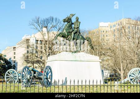 Clark Mills' Equestrian Statue von Präsident Andrew Jackson auf dem Lafayette Square in Washington DC, VA, USA Stockfoto