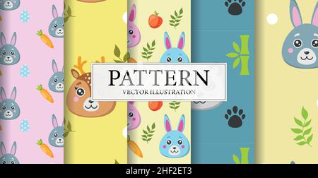 Set von 5 verschiedenen Tier-Gesichtsmuster - Vektor-Illustration Stock Vektor