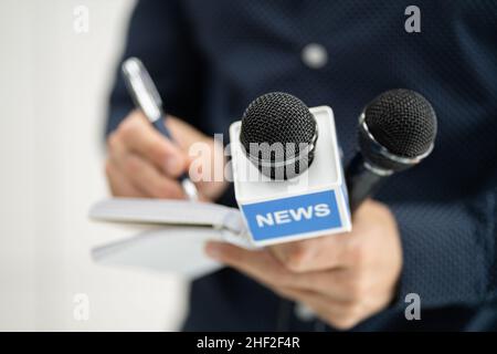 Interview Mit Einem Journalisten-Bericht. Neuer Broadcasting Reporter. Journalismus Und Presse Stockfoto