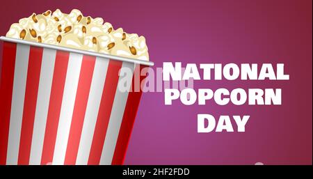 National Popcorn Day Text von gestreiftem Bottich-Container auf violettem Hintergrund Stockfoto