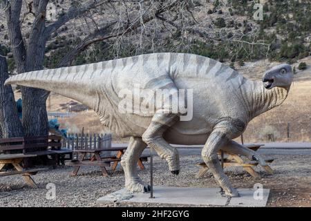 Morrison, Colorado - Ein lebensgroßes Modell eines iguanodons am Eingang zum Dinosaur Ridge. Besucher können Hunderte von Dinosaurier-Fußabdrücken entlang der sehen Stockfoto