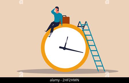 Überstunden Arbeitszeit Arbeit und Mitarbeiter harte Nachtarbeit online Welt. Zeichenarbeit und Busy Vector Illustration Konzept. Deadline Mann und Geschäft Stock Vektor
