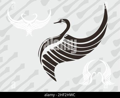 Schwan-Symbol auf grauem Hintergrund für Ihr Design. Fliegendes Schwanensymbol für Logos, Stickereien, Grußkarten, Drucke oder Tattoos, Textilien, Embleme usw. Stockfoto