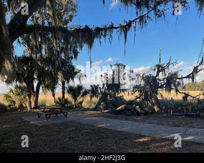 Ein Blick auf den Salzmarsch vom Horton House-Gelände auf Jekyll Island, Georgia, einem ruhigen, langsamen Reiseziel im Südosten der Vereinigten Staaten. Stockfoto