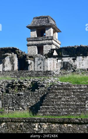 Der Palast (El Palacio), der Aussichtsturm (El Observatorio), die archäologische Stätte Palenque, der Bundesstaat Chiapas, Mexiko, Nordamerika, Weltkulturerbe Stockfoto