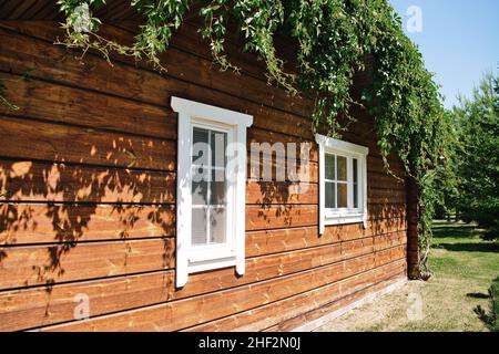 Einfaches Holzhaus am sonnigen Sommertag. Die Wand des Gästehauses mit zwei Fenstern. Urlaub, Wochenende, Natur Erholung. Stockfoto
