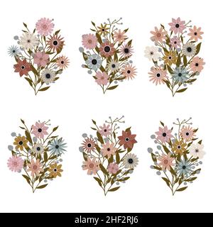 Ein Bouquet von verschiedenen schönen Wildblumen mit Blättern aus dem Garten. Verschiedene blühende Pflanzen mit Blüten und Stielen. Hochzeitsdekorationen Stock Vektor