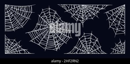 Spinnweben auf schwarzem Hintergrund isoliert. Gruselige Halloween Spinnweben für Rahmen und Banner. Vektorgrafik mit Handrawn Stock Vektor