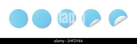 Blaue realistische runde Papier-Kleber-Aufkleber mit gebogener Ecke auf weißem Hintergrund Vektor-Set Stock Vektor