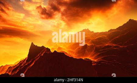 Fantastischer, einzigartiger Sonnenuntergang über heißen vulkanischen Felsen. 3D Abbildung Stockfoto