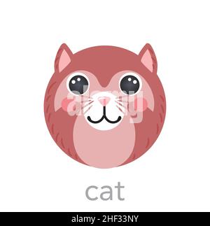 Cute Cat Portrait mit Name Text Smiley Kopf Cartoon runde Form Tiergesicht, isolierte Vektor-Symbol Illustrationen auf weißem Hintergrund. Flach einfache Hand gezeichnet für Kinder App, Karten, T-Shirts, Babykleidung Stock Vektor