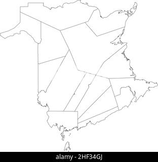 Weiße flache leere Vektor-Verwaltungskarte der Grafschaften des kanadischen Territoriums von NEW BRUNSWICK, KANADA mit schwarzen Grenzlinien seiner Grafschaften Stock Vektor