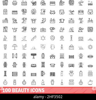 100 Beauty-Ikonen-Set. Skizzieren Sie die Darstellung von 100 Vektorbildern für Schönheit, die isoliert auf weißem Hintergrund gesetzt wurden Stock Vektor