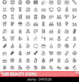 100 Beauty-Ikonen-Set. Skizzieren Sie die Darstellung von 100 Vektorbildern für Schönheit, die isoliert auf weißem Hintergrund gesetzt wurden Stock Vektor