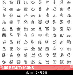 100 Beauty-Ikonen-Set. Skizzieren Sie die Darstellung von 100 Vektorbildern für Schönheit, die isoliert auf weißem Hintergrund gesetzt wurden Stock Vektor