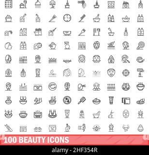 100 Beauty-Ikonen-Set. Skizzieren Sie die Darstellung von 100 Vektorbildern für Schönheit, die isoliert auf weißem Hintergrund gesetzt wurden Stock Vektor