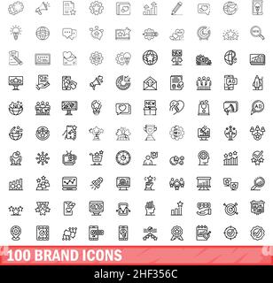 100 Markensymbole eingestellt. Skizzieren Sie die Darstellung von 100 Markensymbolen, die auf weißem Hintergrund isoliert sind Stock Vektor