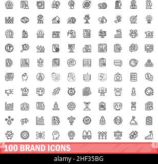 100 Markensymbole eingestellt. Skizzieren Sie die Darstellung von 100 Markensymbolen, die auf weißem Hintergrund isoliert sind Stock Vektor