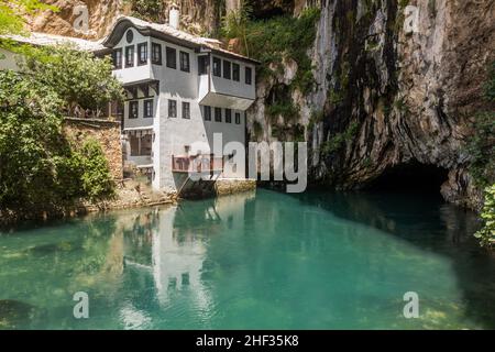Tekija Haus und Buna Fluss in Blagaj Dorf in der Nähe von Mostar, Bosnien und Herzegowina Stockfoto
