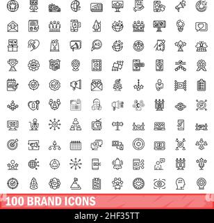 100 Markensymbole eingestellt. Skizzieren Sie die Darstellung von 100 Markensymbolen, die auf weißem Hintergrund isoliert sind Stock Vektor