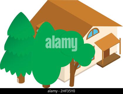 Isometrievektor für das moderne Haus. Einstöckiges neues Gebäude und grüne Baumikone. Schönes Wohnhaus, Landhaus Stock Vektor