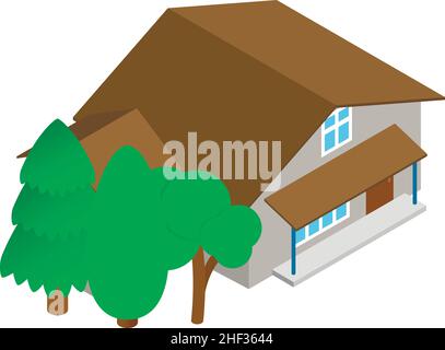 Isometrischer Vektor des Cottage-Symbols. Modernes 2stöckiges Gebäude mit grüner Baumikone. Neues großes Haus mit Veranda, Wohnhaus Stock Vektor