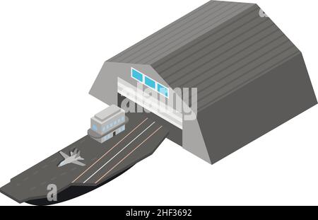 Isometrischer Vektor des Symbols für Flugzeugträger. Militärschiff mit Symbol für Kampfflugzeuge. Kriegsschiff in der Nähe von Metallgebäude, Marine Stock Vektor