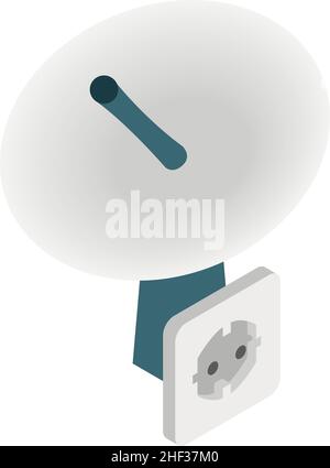 Isometrischer Vektor des Telekommunikationssymbols. Satellitenantenne und Steckdose. Weiße Steckdose, große Parabolantenne, moderne Telekommunikationstechnik Stock Vektor