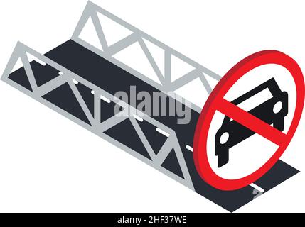 Isometrischer Vektor des Symbols für verbotene Zeichen. Brücke, kein Auto oder kein Parkschild. Fahrzeug nicht erlaubt, durchgestrichene Silhouette des Autos Stock Vektor