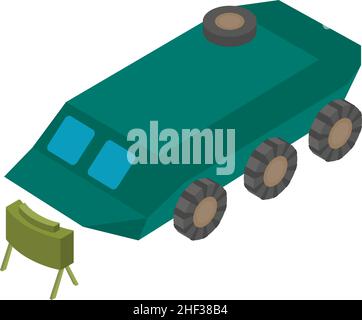 Isometrischer Vektor für militärische Ausrüstung. Gepanzertes Militärfahrzeug und Landmine. Gepanzerter Personenwagen auf Rädern, apc, Antipersonenmine Stock Vektor