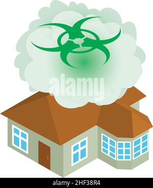 Isometrischer Vektor des Symbols für nukleare Verschmutzung. Radioaktive Wolke über dem Wohnhaus. Symbol für Strahlenkontamination, chemische Waffe, Strahlenbelastung Stock Vektor