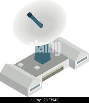 Isometrischer Vektor des Telekommunikationssymbols. Große Satellitenantenne und Gebäudesymbol. Parabolantenne, technische Ausstattung, moderne Telekommunikationstechnik Stock Vektor