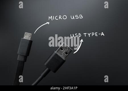 Verbindungskabel usb Typ A und Mikrodrähte. Alter technologischer Standard Stockfoto