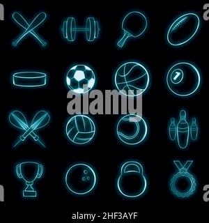 Sport-Set-Icons im Neon-Stil isoliert auf schwarzem Hintergrund Stock Vektor