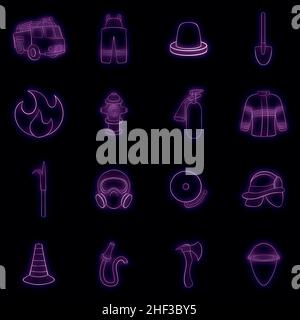 Feuerwehrmann setzt Ikonen im Neon-Stil isoliert auf schwarzem Hintergrund Stock Vektor