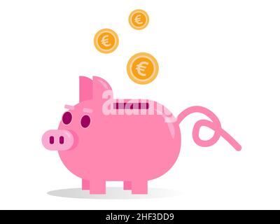 Vektor-Illustration von rosa Sparschwein mit Euro-Münzen isoliert auf weißem Hintergrund. Investitions- und Sparkonzept Stock Vektor