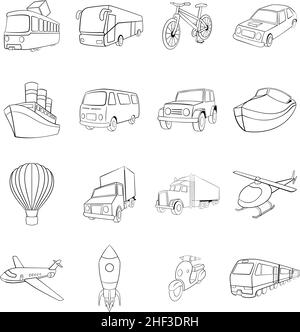 Cartoon Transport Set Symbole in Umriss-Stil isoliert auf weißem Hintergrund Stock Vektor