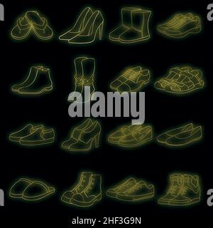 Schuh-Ikonen im Neon-Stil. Männer und Frauen Schuhe Set Kollektion Vektor Illustration Stock Vektor